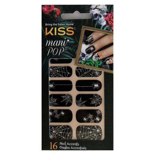 KISS mani POP nail art package with spider web and black accent design on a white background