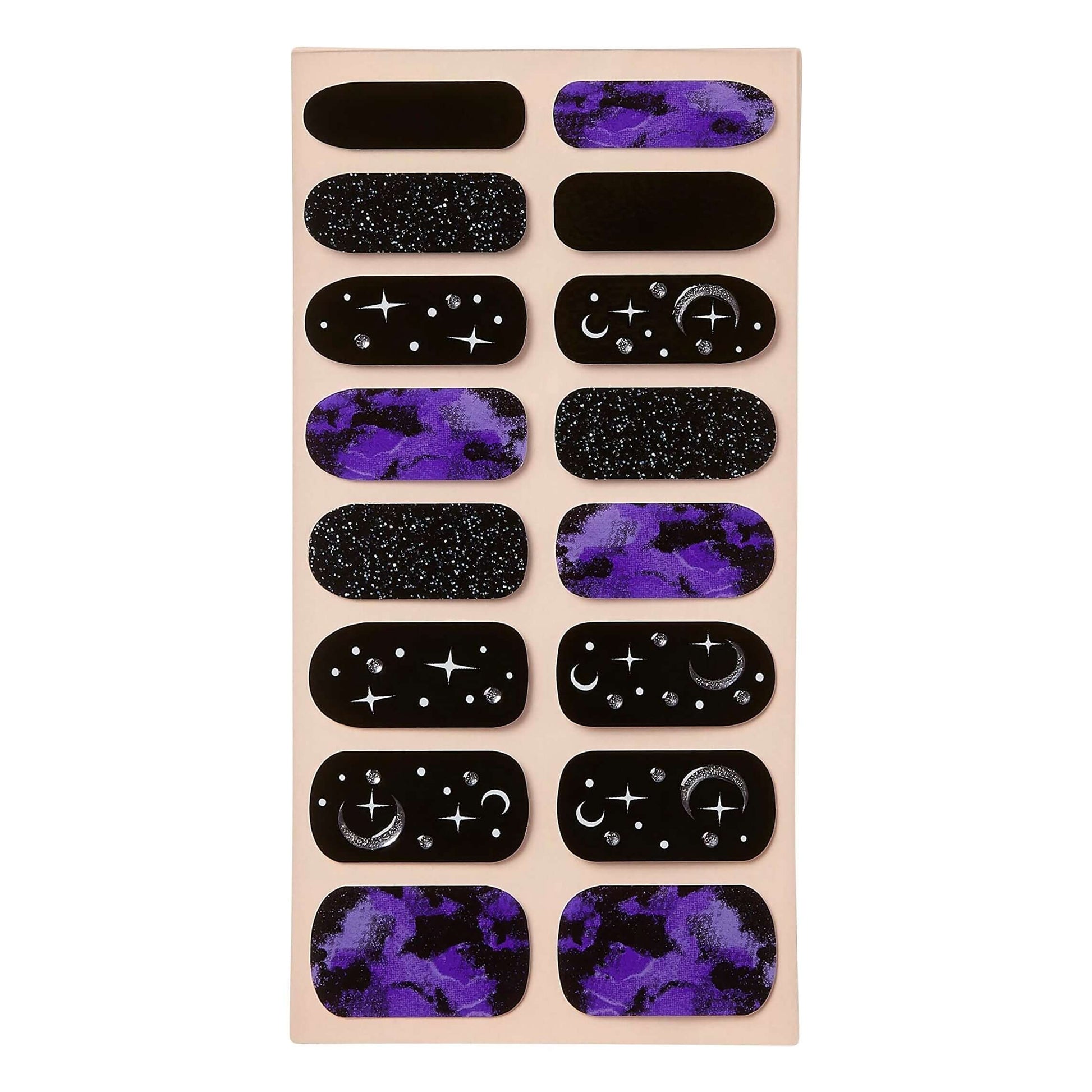 Set of nail art stickers with purple and black designs on a beige backing