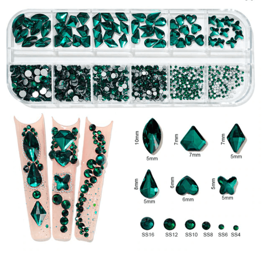 Green 3d Assorted Nail Art Crystals & Gemstones