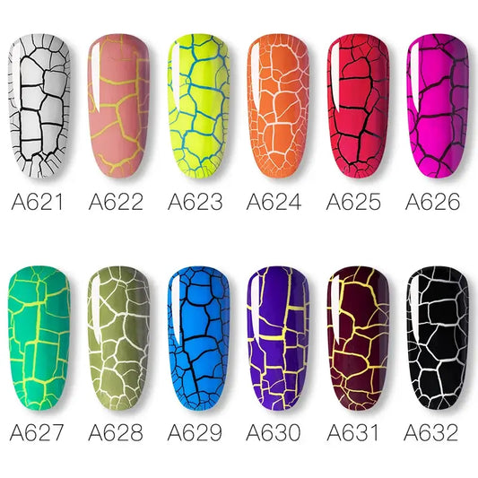 Nail art design swatches with various colors and patterns on a white background
