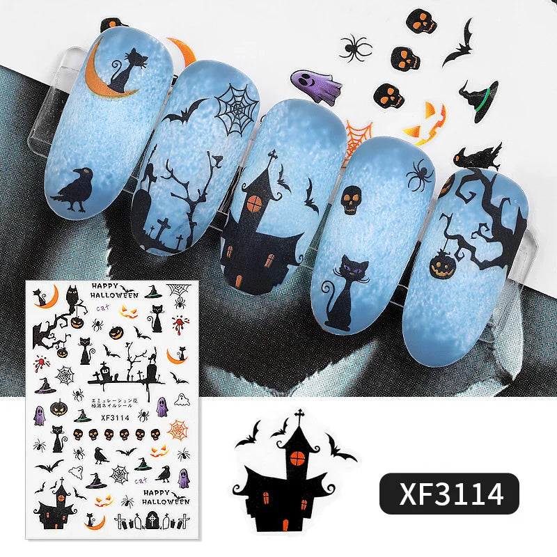 Halloween-themed nail art stickers on a clear background with a sheet of additional stickers.
