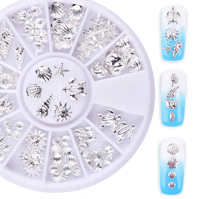 Silver Metal Nail Studs – Ocean Shell & Starfish 3D
