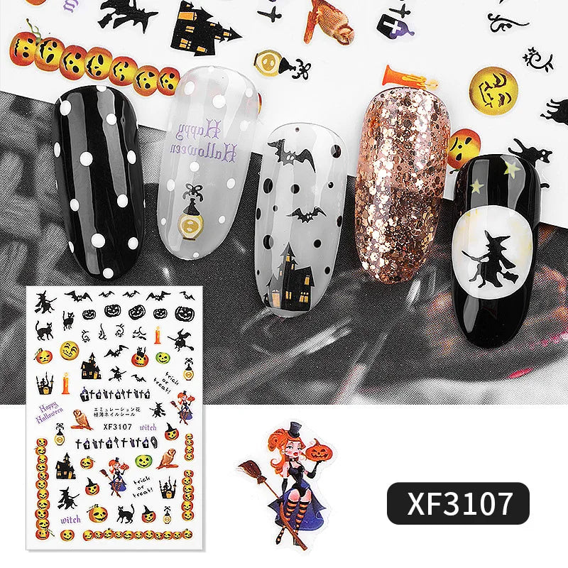 Halloween-themed nail art designs with corresponding sticker sheet on a dark background