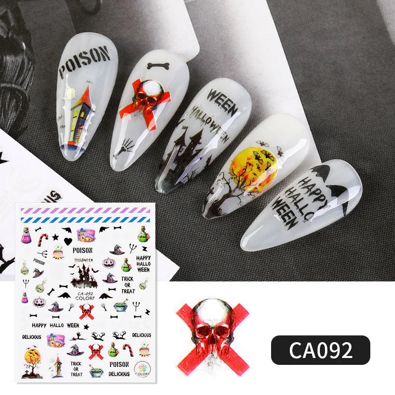 Halloween-themed nail art designs on clear nail forms with a sheet of additional decals.