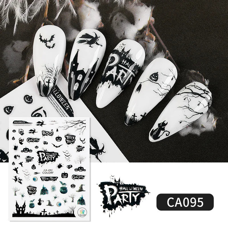 Halloween-themed nail art designs with black and white patterns on a dark background.