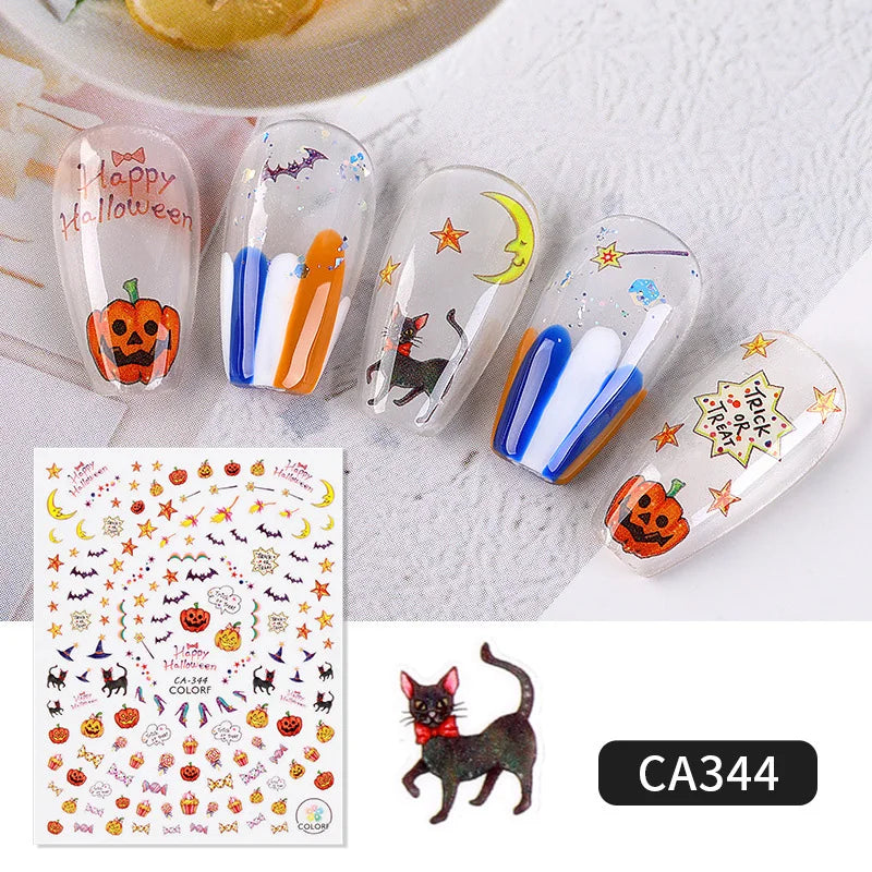 Halloween-themed nail art stickers on a white surface with a black cat illustration and 'CA344' label.
