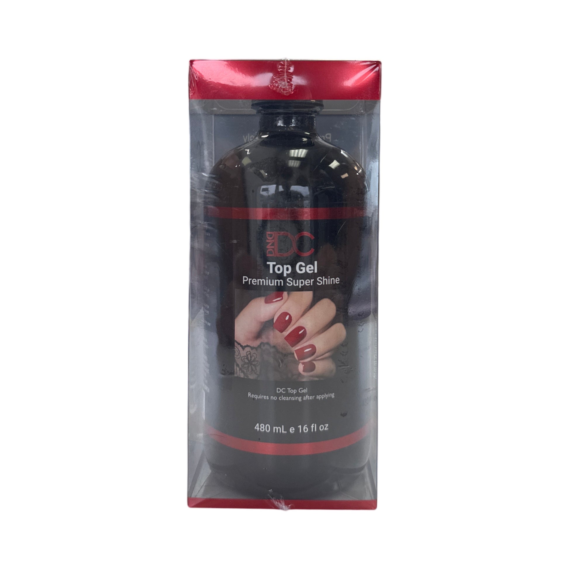 Packaged bottle of DC Top Gel with a clear front and red accents on a white background