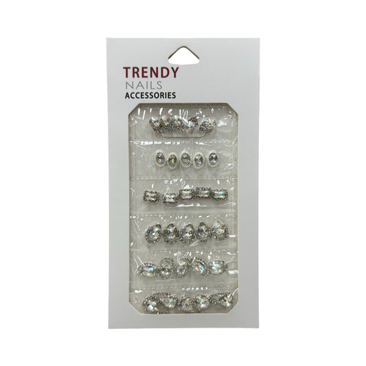 Packaged nail accessories with 'Trendy Nails Accessories' branding on a white background