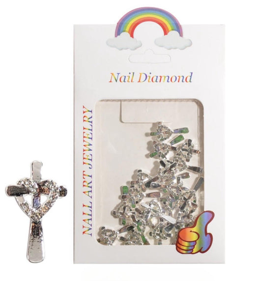 3D Cross & Clear Heart Nail Charms – Silver 20pc Set for Nail Art