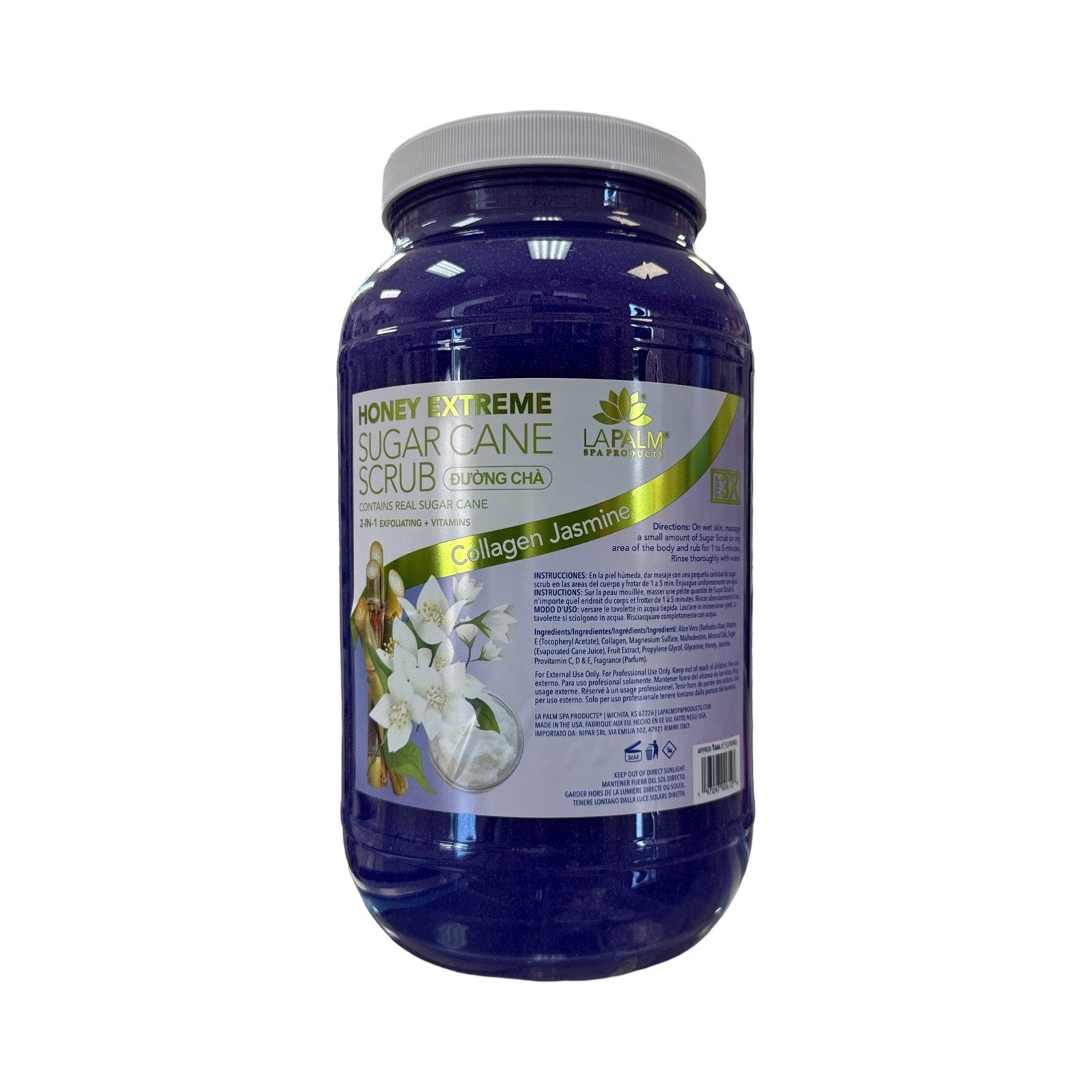 Blue jar of honey extreme sugar cane scrub with a white label on a white background