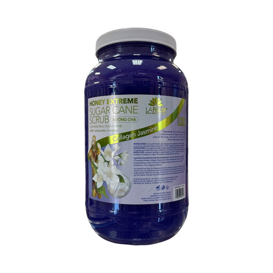 Blue jar of honey extreme sugar cane scrub with a white label on a white background