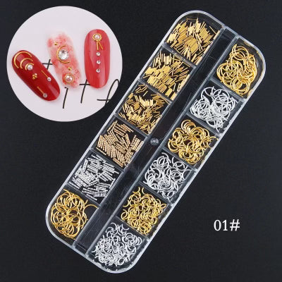 Nail art embellishments in a clear organizer with close-up of nail designs.