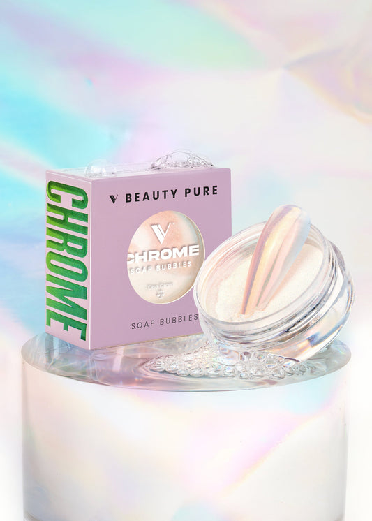 V Beauty Pure Chrome soap bubbles packaging with a colorful, iridescent background