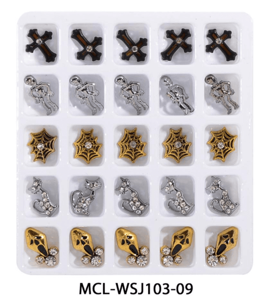 Set of decorative nail art charms in a clear plastic case with 'MCL-WSJ103-09' label.