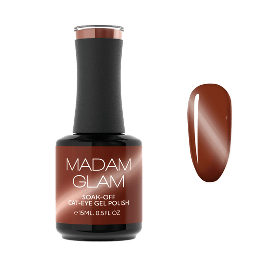 MADAM GLAM soak-off cat-eye gel polish bottle with a指甲油sample on a white background