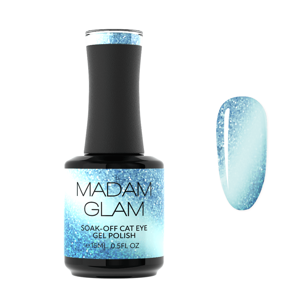 Bottle of Madam Glam soak-off cat eye gel polish with a blue gradient on a white background