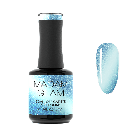 Bottle of Madam Glam soak-off cat eye gel polish with a blue gradient on a white background