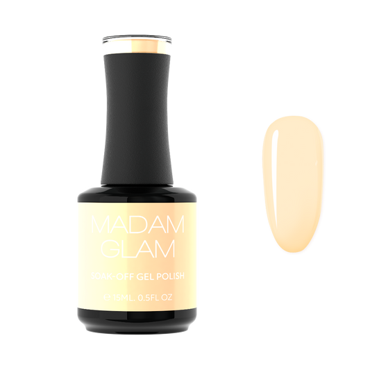 Adam Glam gel polish bottle with a beige nail sample on a white background