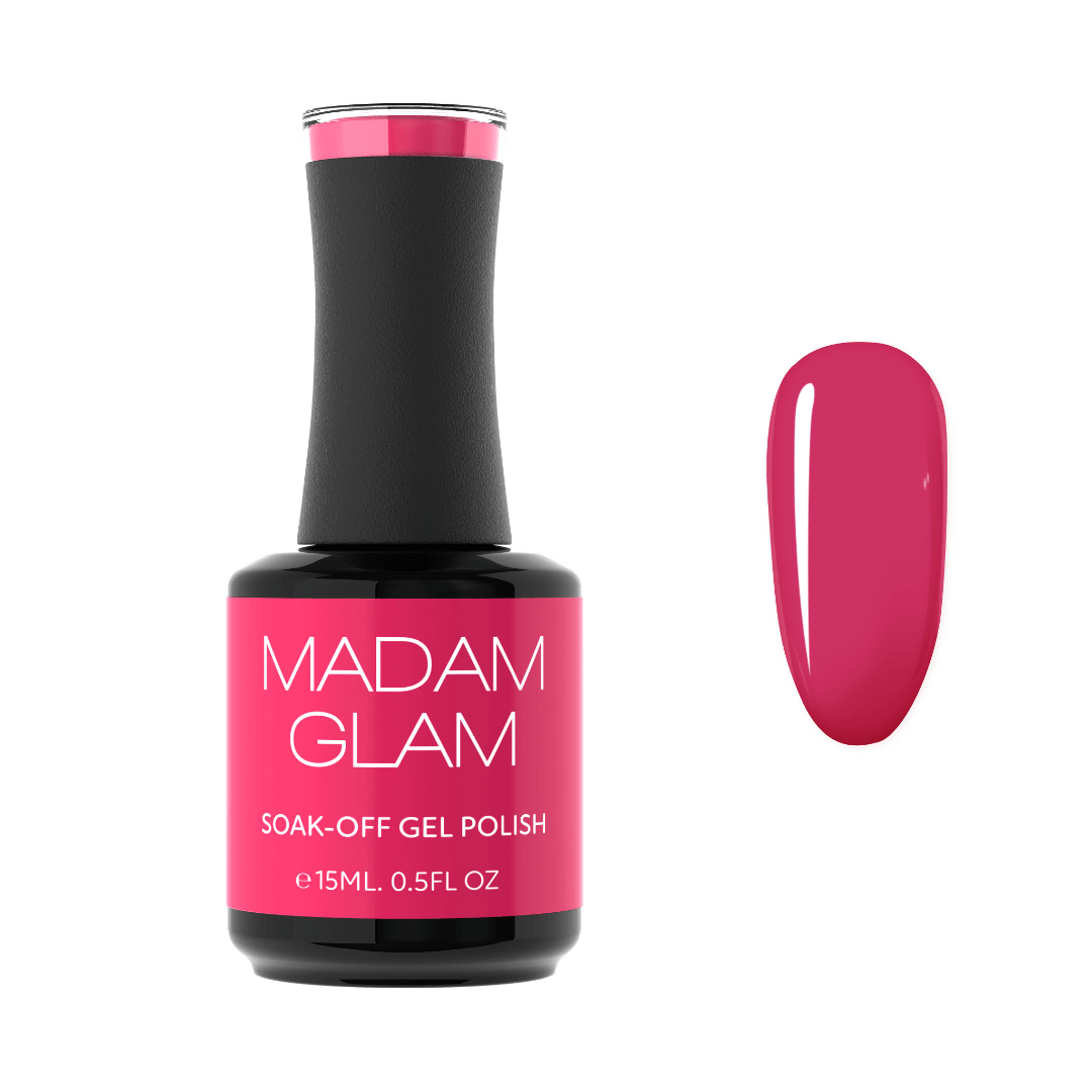 MADAM GLAM soak-off gel polish bottle with pink polish swatch on a white background