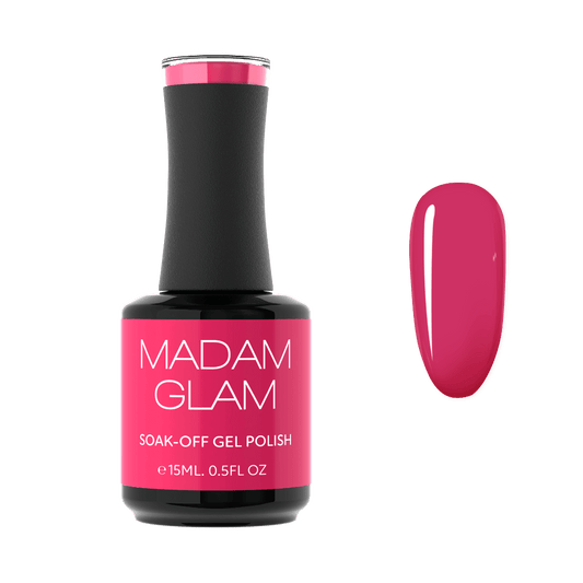 MADAM GLAM soak-off gel polish bottle with pink polish swatch on a white background