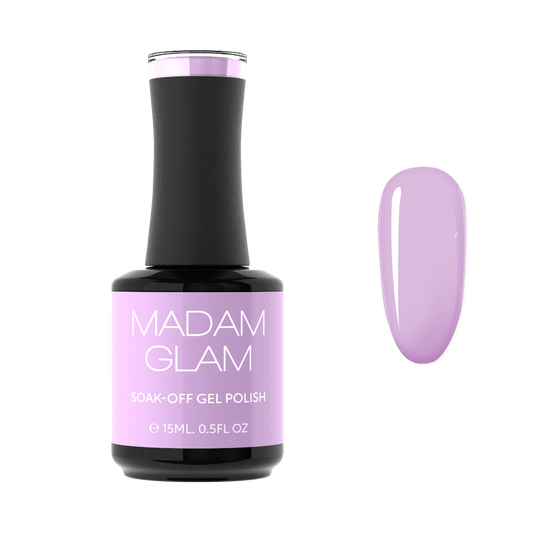 Madam Glam soak-off gel polish bottle with a swatch of purple color on a white background