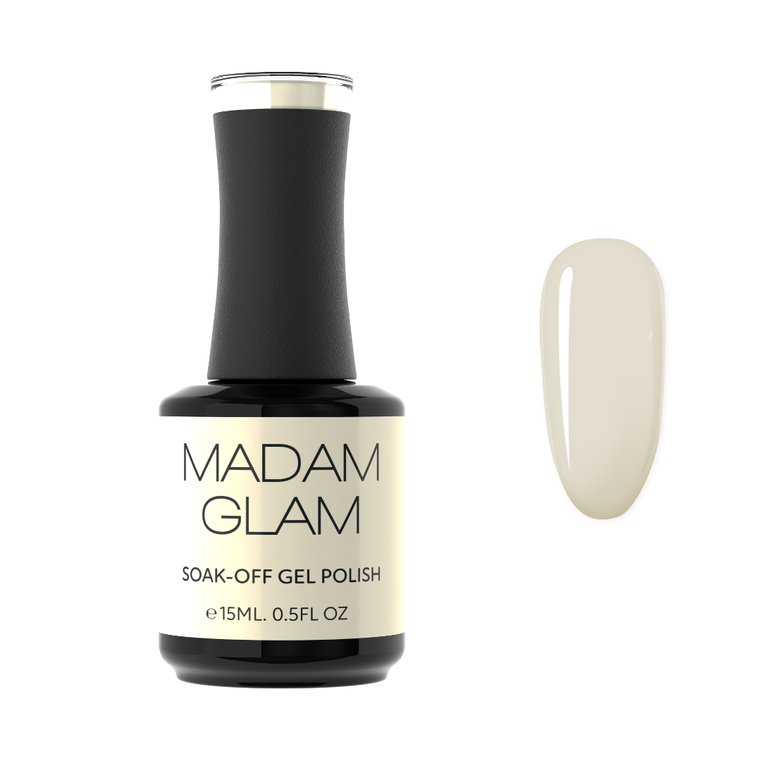 Madam Glam soak-off gel polish bottle with a sample on a white background