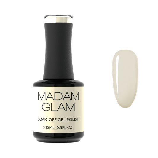 Madam Glam soak-off gel polish bottle with a sample on a white background