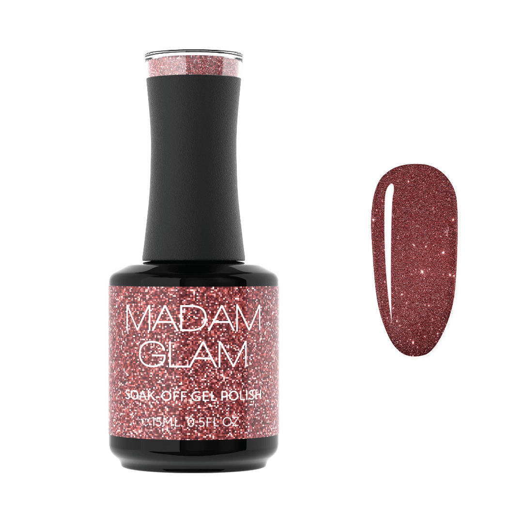 Madam Glam soak-off gel polish bottle with a swatch of glittery pink color on a white background