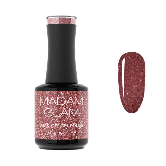 Madam Glam soak-off gel polish bottle with a swatch of glittery pink color on a white background