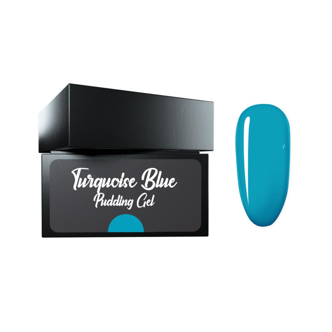Turquoise Blue pudding gel with packaging on a white background
