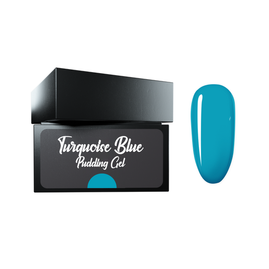 Turquoise Blue pudding gel with packaging on a white background