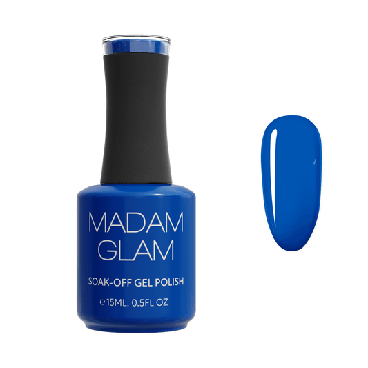 Blue bottle of Madam Glam soak-off gel polish with a matching nail swatch on a white background