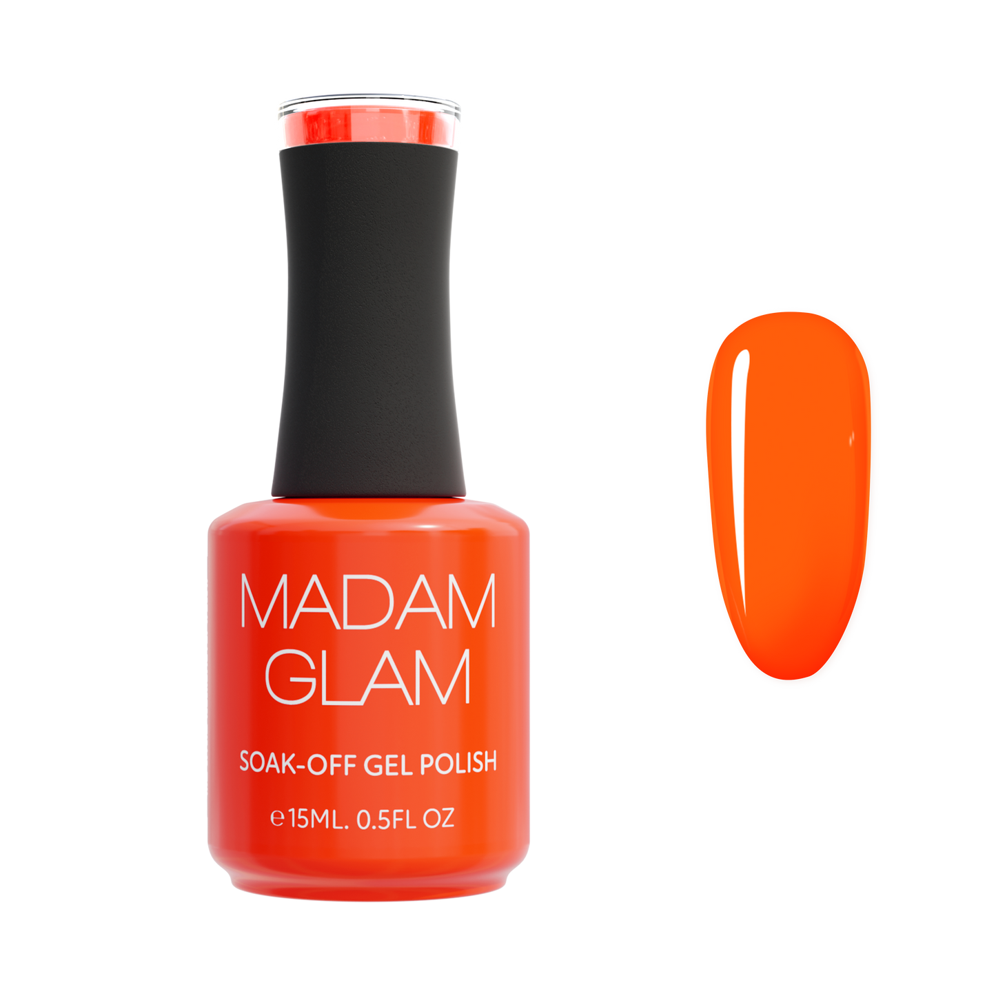 Orange nail polish bottle with black cap and 'MADAM GLAM' branding on a white background.