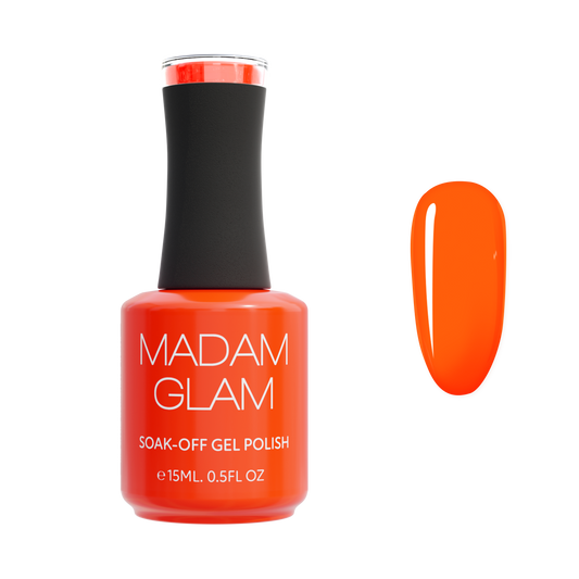 Orange nail polish bottle with black cap and 'MADAM GLAM' branding on a white background.