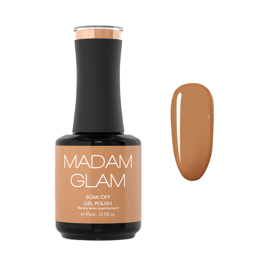 Madam Glam soak-off gel polish bottle with a swatch of brown color on a white background