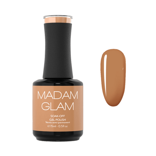 Madam Glam soak-off gel polish bottle with a swatch of brown color on a white background