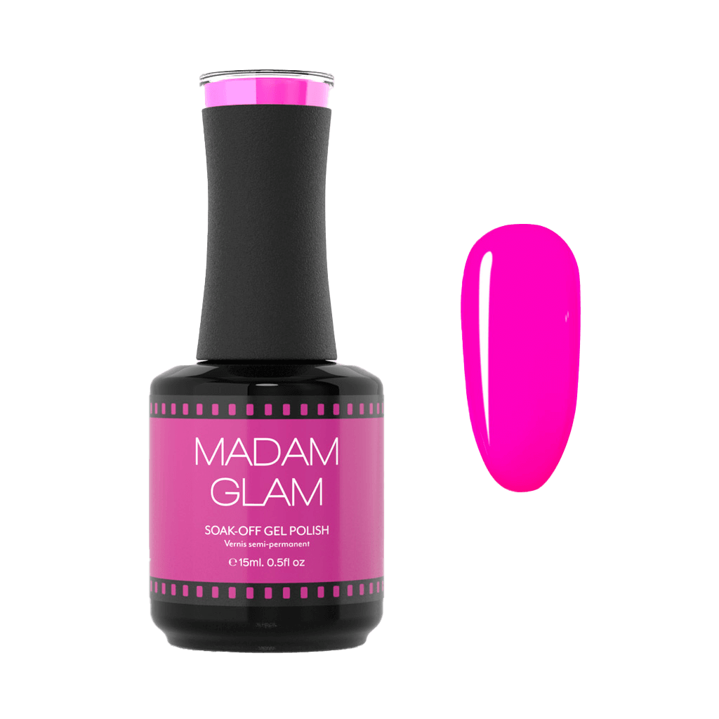 MADAM GLAM gel polish bottle with pink color swatch on a white background