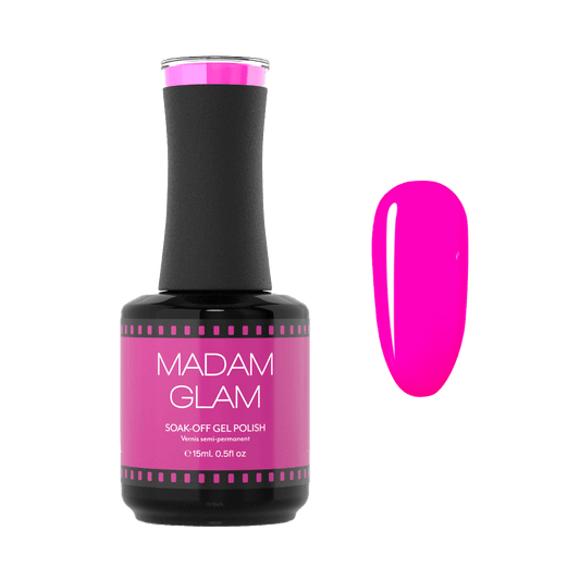 MADAM GLAM gel polish bottle with pink color swatch on a white background