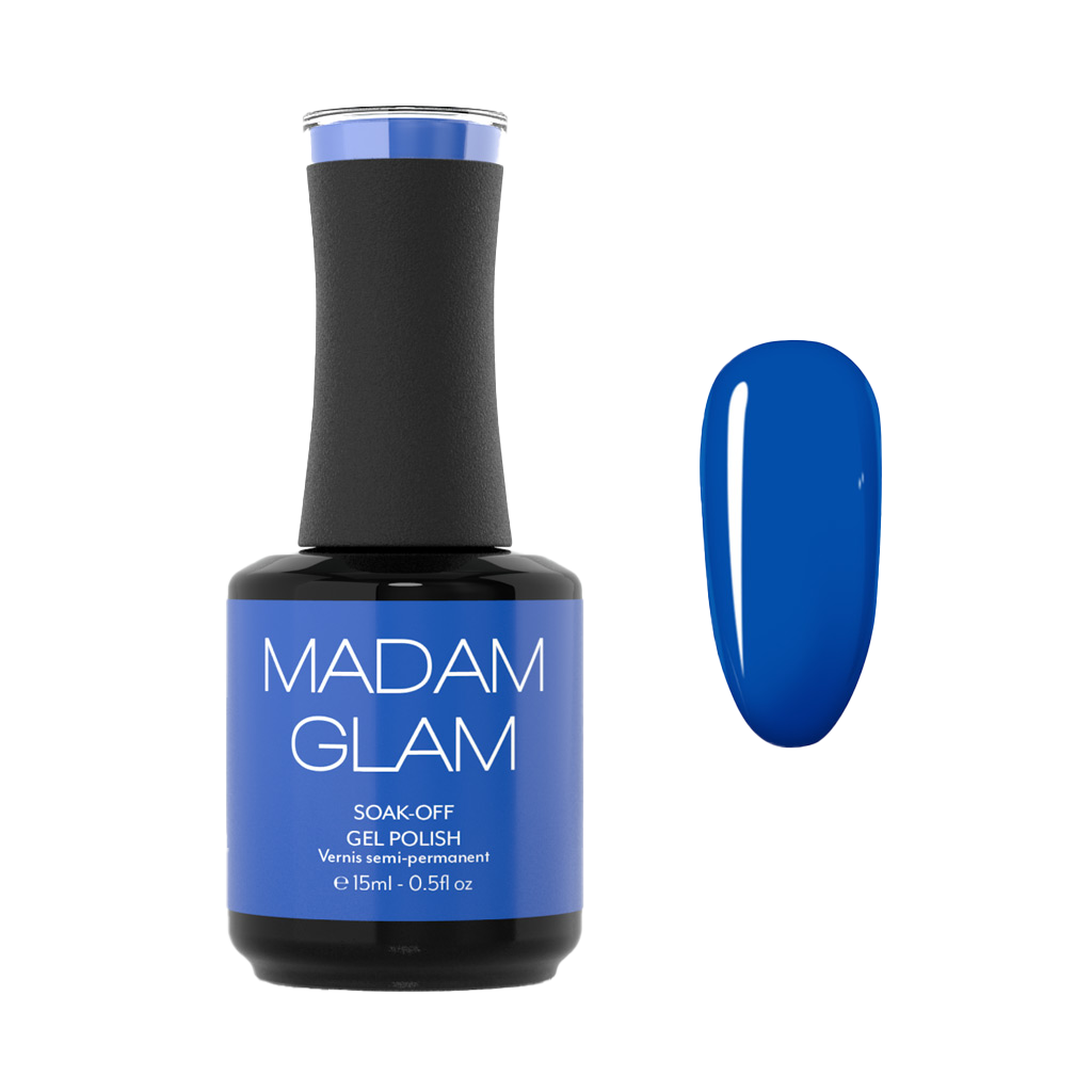 Blue gel polish bottle with 'Madam Glam' label on a white background