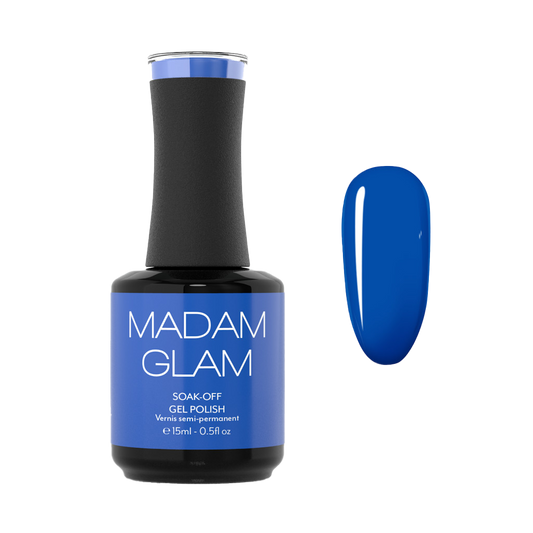 Blue gel polish bottle with 'Madam Glam' label on a white background