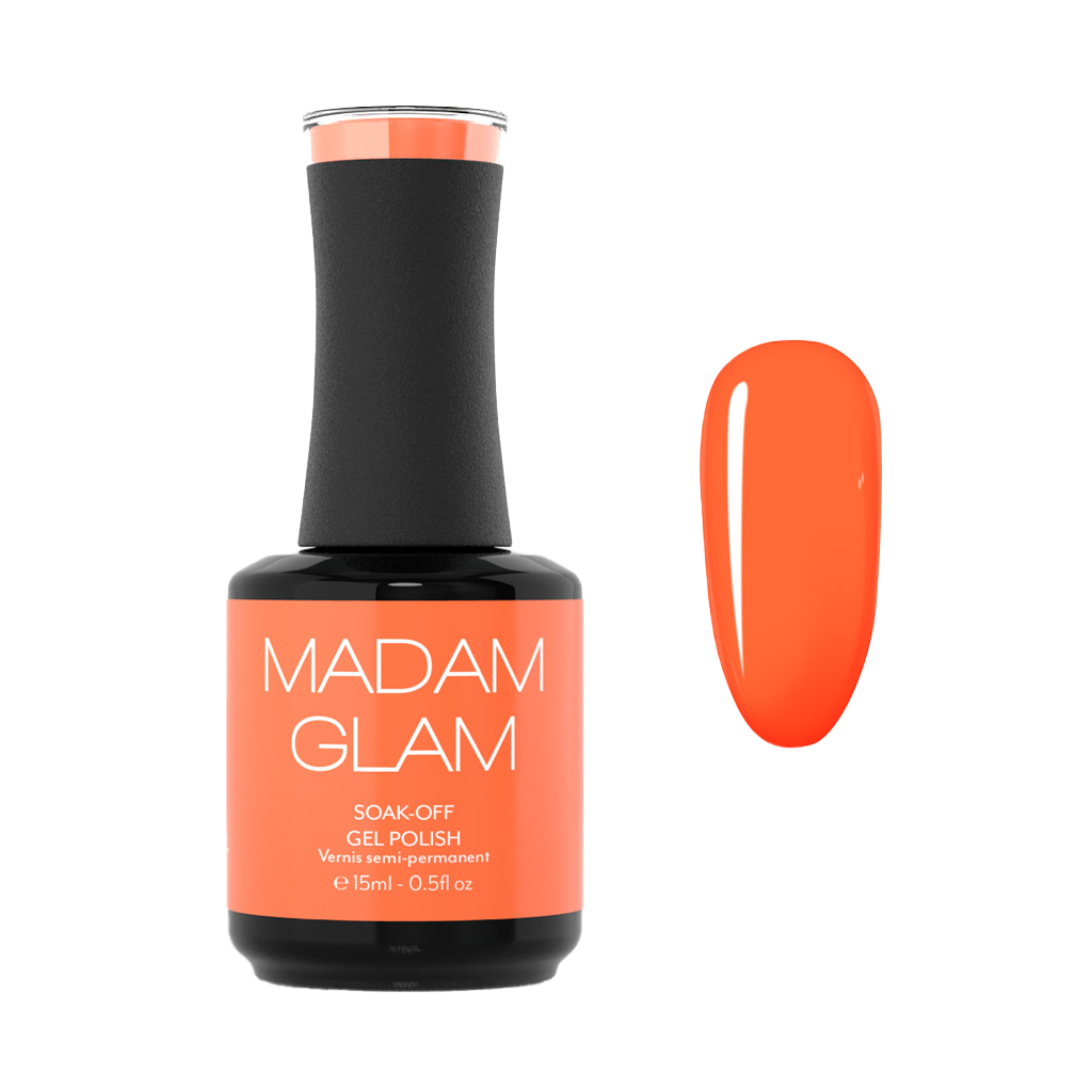 Orange gel polish bottle with 'Madam Glam' branding on a white background