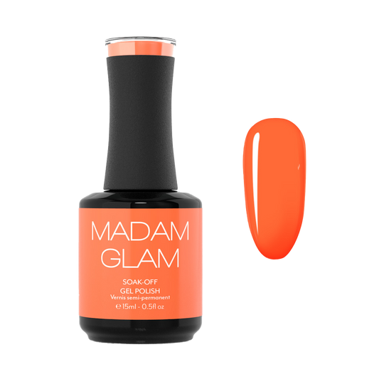 Orange gel polish bottle with 'Madam Glam' branding on a white background