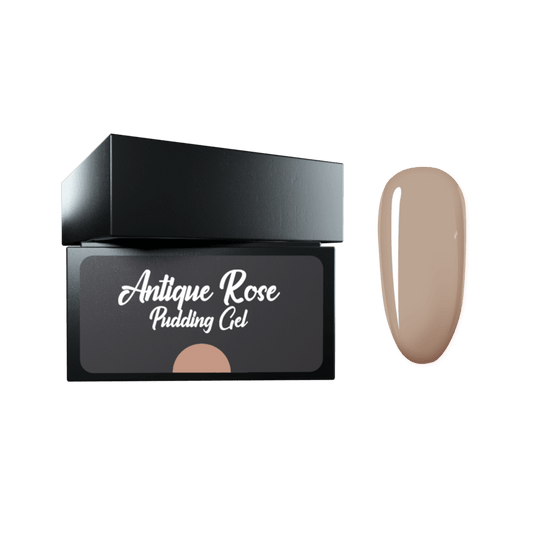 Antique Rose Pudding Gel with a black container and a beige nail color swatch on a white background