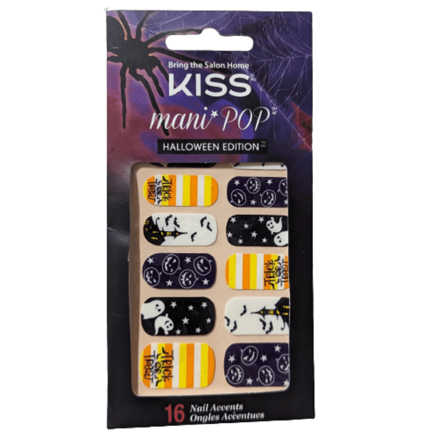 KISS mani POP Halloween Edition nail art package with colorful designs on a dark background