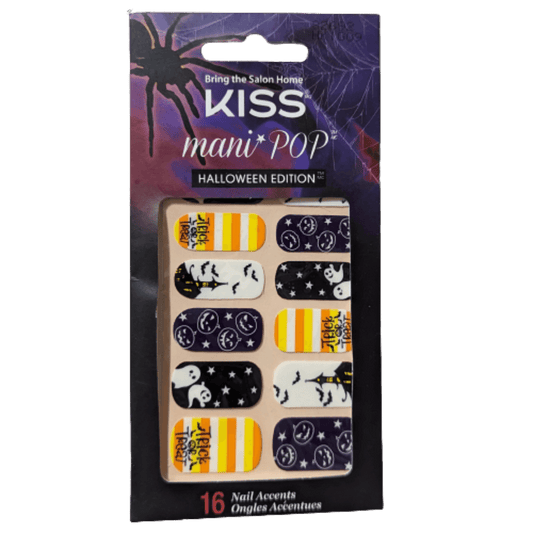 KISS mani POP Halloween Edition nail art package with colorful designs on a dark background