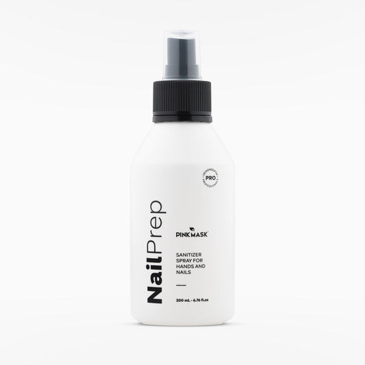 White spray bottle labeled 'Nail Prep' on a white background