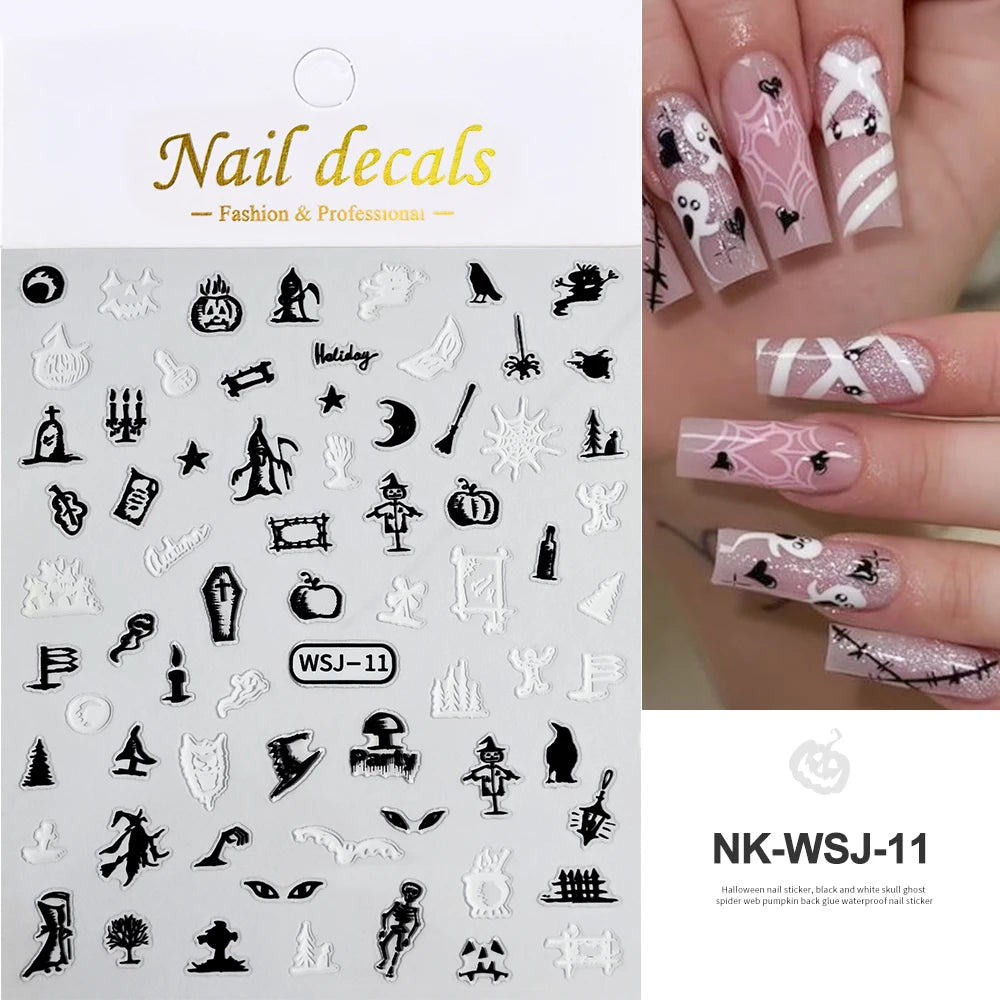 3D Halloween nail stickers with bats, ghosts, and pumpkins for festive nail art