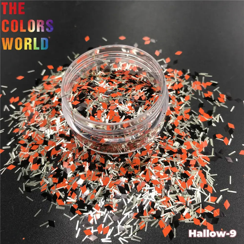 Clear container with colorful glitter on a black background, featuring 'The Colors World' branding.