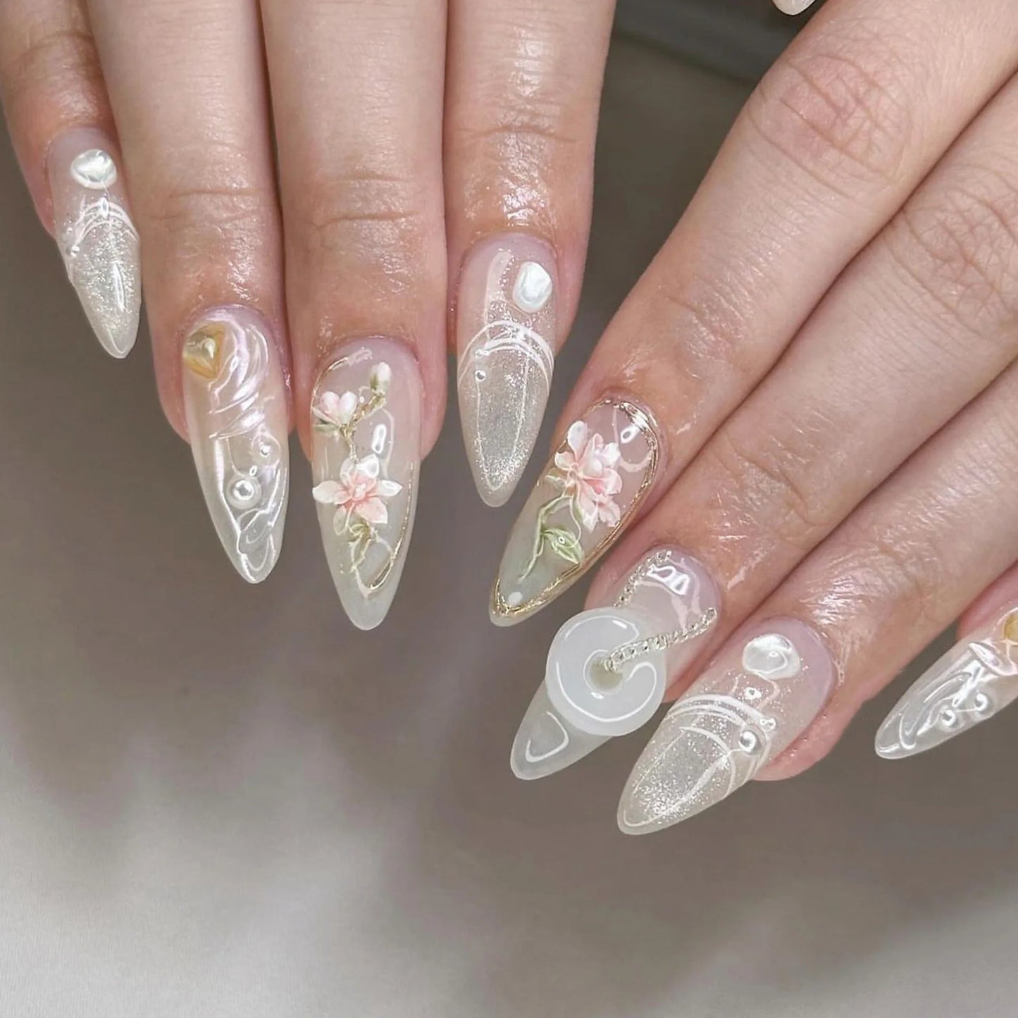 Almond Press On Nails | Long French Pink Bow & Flower Design
