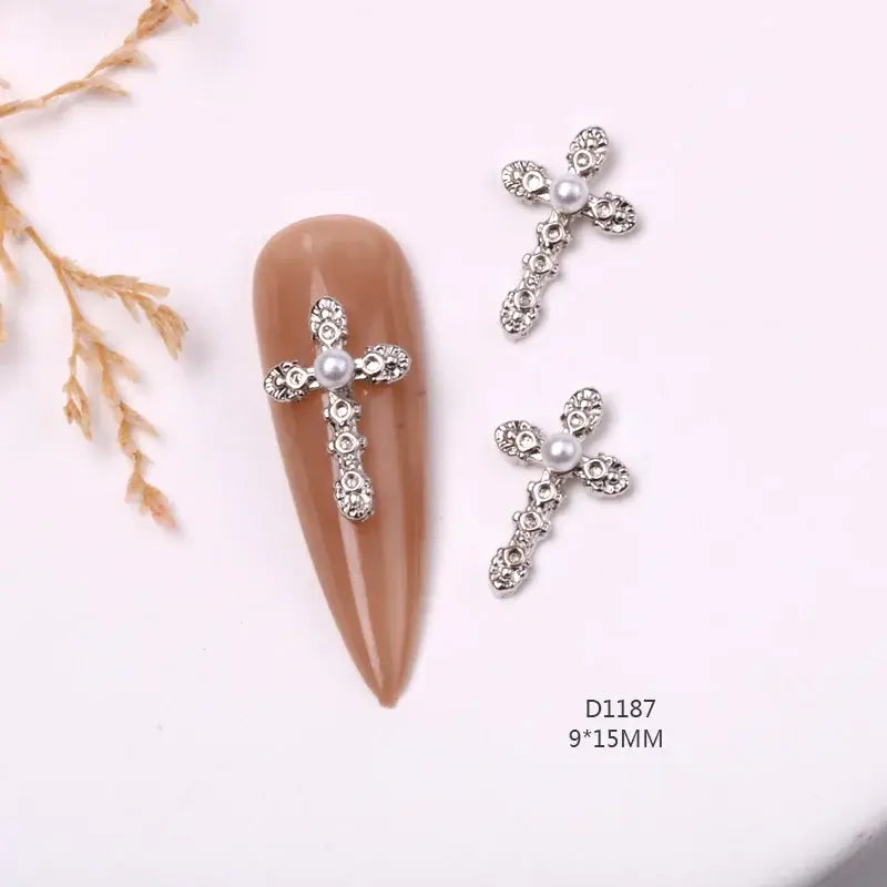 10Pcs 3D Silver Cross Nail Charms – Punk Nail Art Decorations